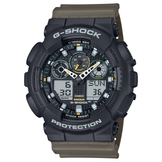 Casio G-SHOCK GA-100TU-1A3 – Tactical Black Analog-Digital Watch (Neon Green Accents)